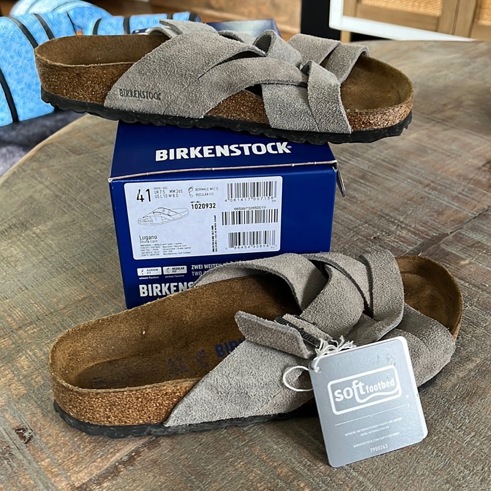 Birkenstock Lugano sandal. Color is “stone coin”-a soft grey. NWT. EU size 41